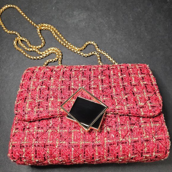 Small Red Burgundy Gold Black Square Tweed Fabric Messenger Crossbody Bag - Picture 5 of 10